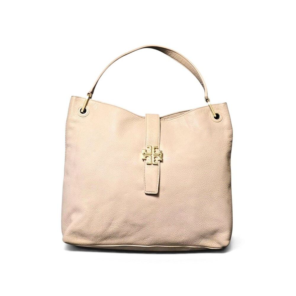TORY BURCH Plaque Hobo Bag Blush Pebbled Leather Shoulder Purse Beige